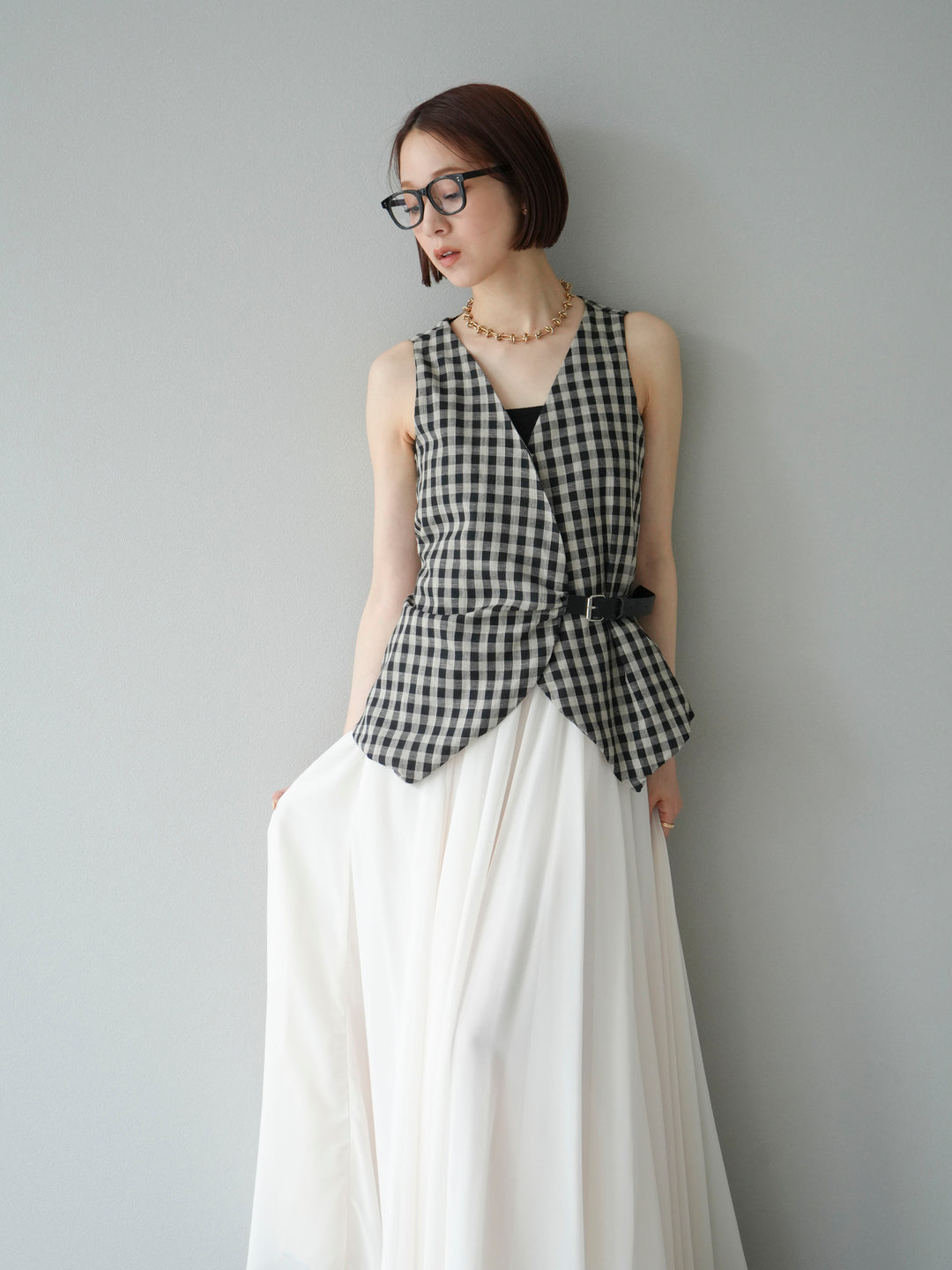 [予約]ベルトデザインバルーンブラウス/チェック