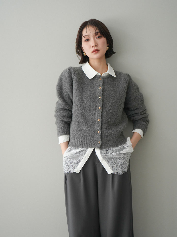 [SET]ゴールドボタンブークレニットカーディガン+総レースボリュームスリーブシャツ(2set)
