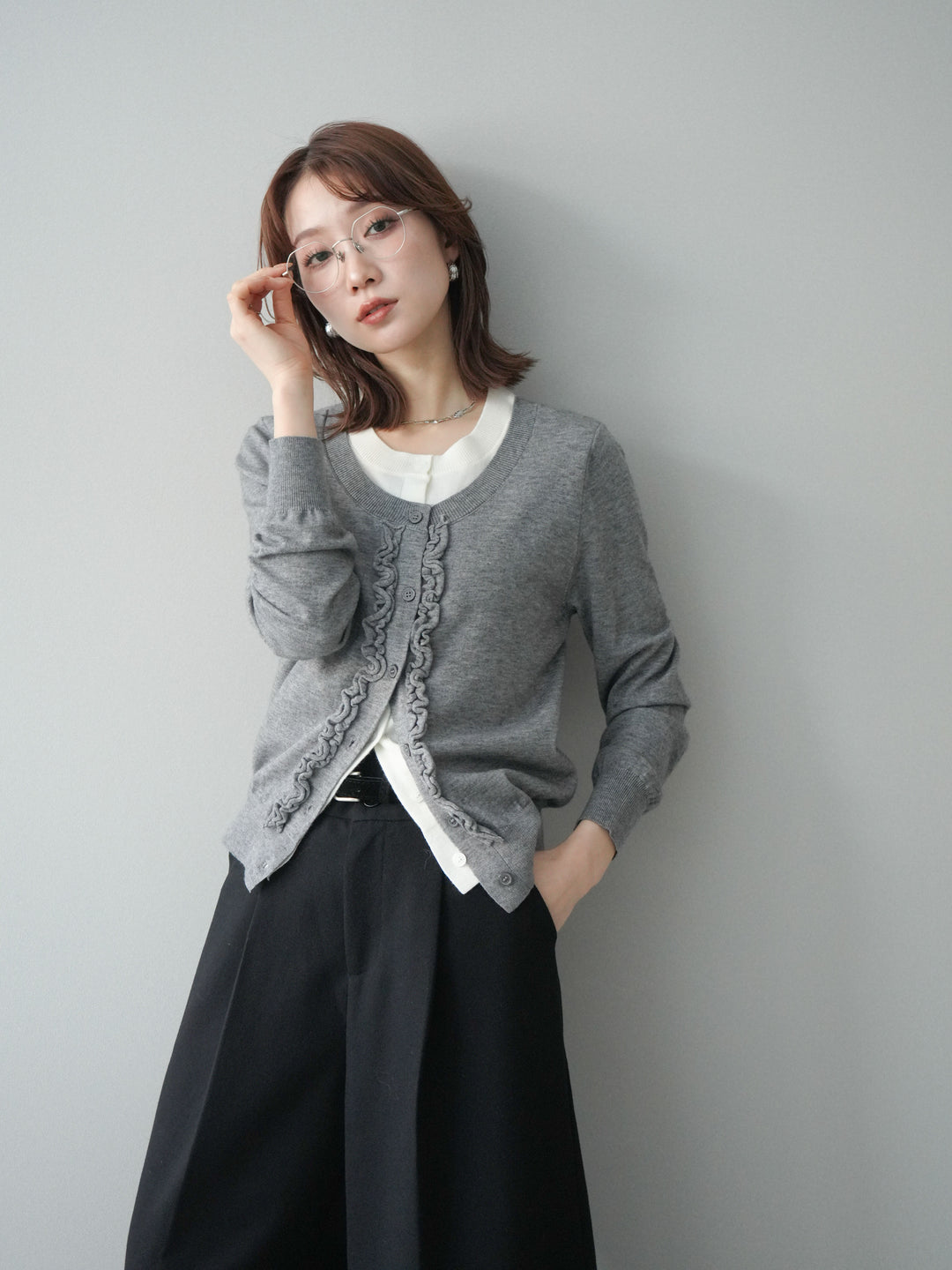 [予約]配色レイヤードフリルデザインニットカーディガン/gray