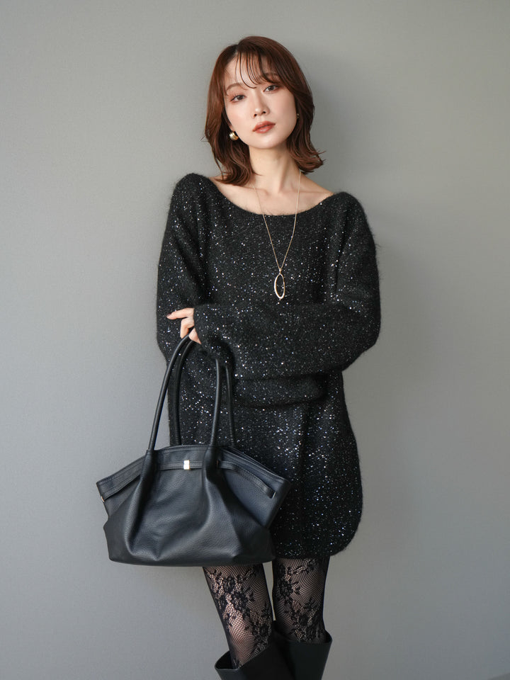 [予約]スパンコールミニシャギーニットチュニック/black