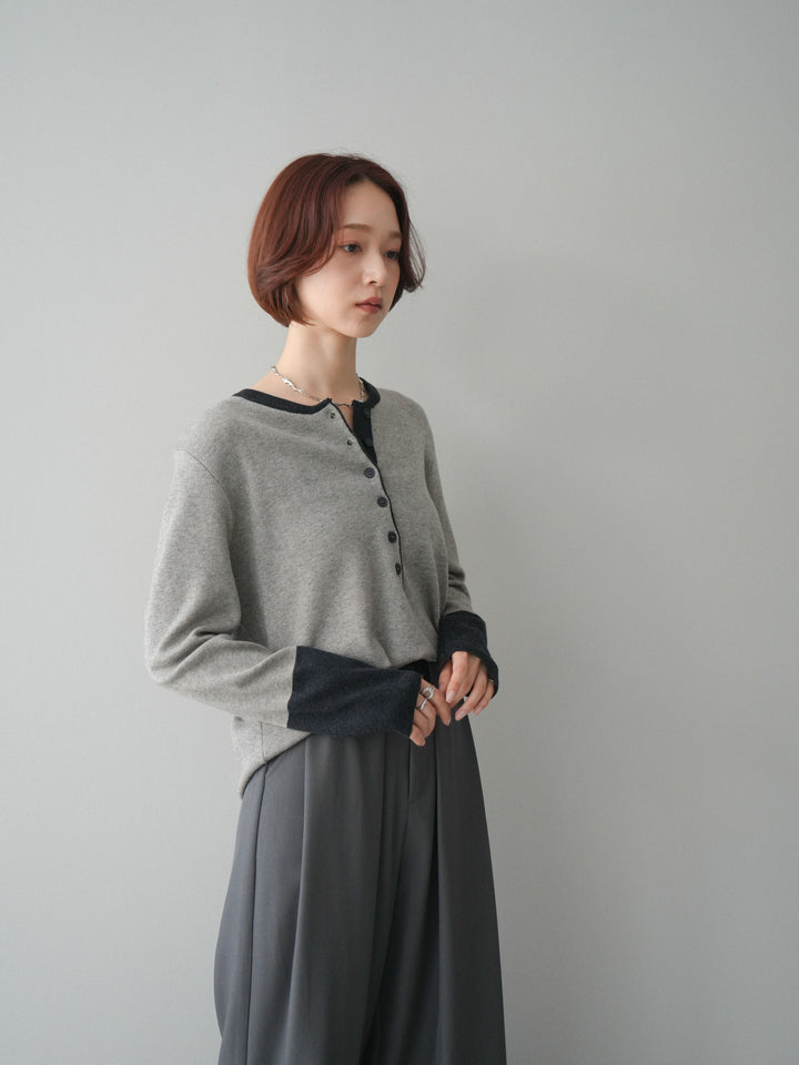 [SET]ヘンリーネック配色ニットソー+ベルトループデザインワイドパンツ(2set)