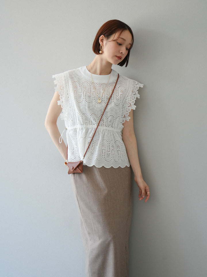 [SET] 扇貝刺繡蕾絲上衣 + 亞麻質感拉鍊開衩緊身裙（2件套）