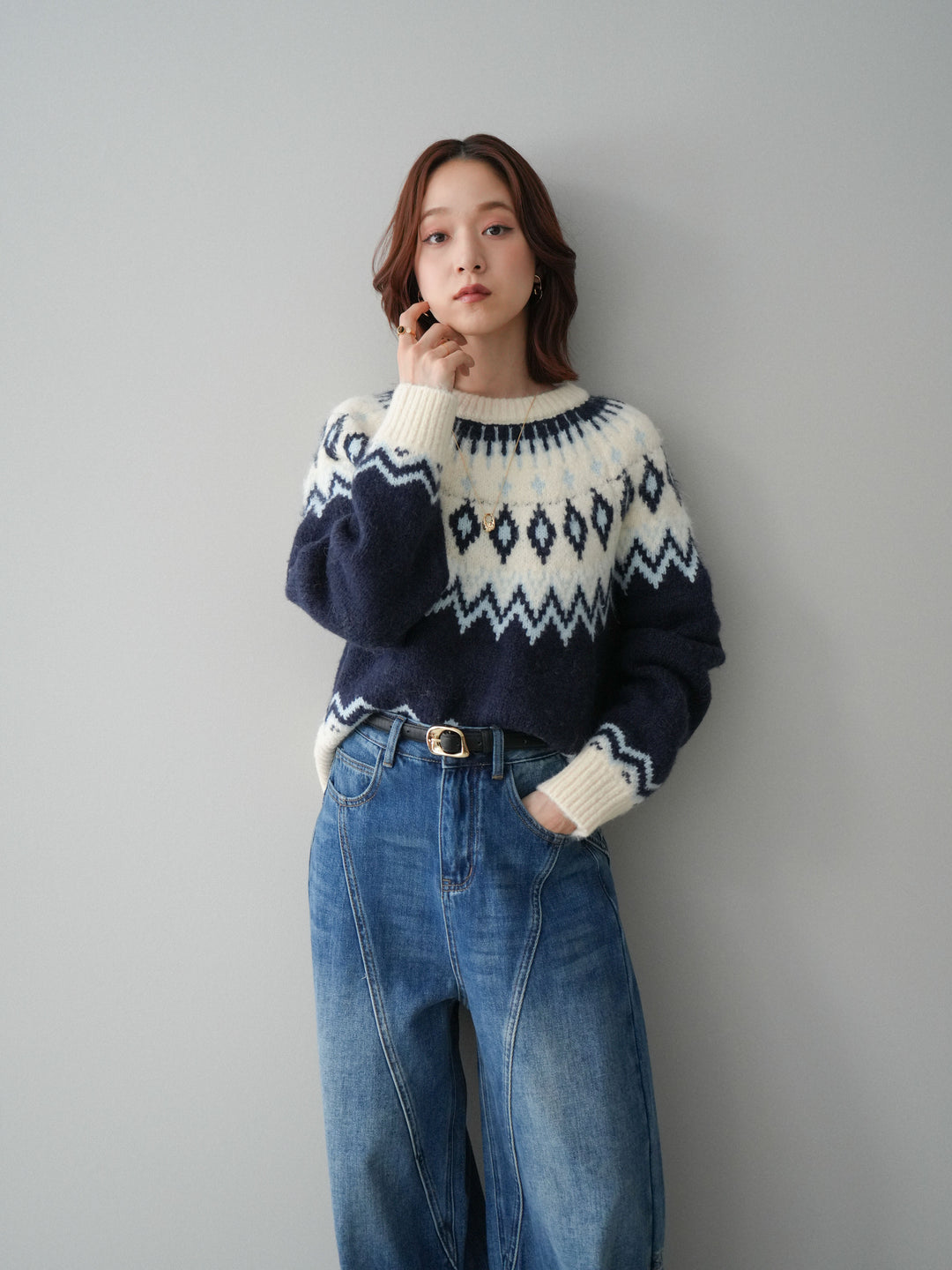 [予約]ノルディック柄ニットプルオーバー/navy