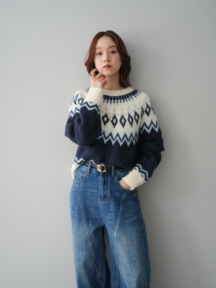 [予約]ノルディック柄ニットプルオーバー/navy