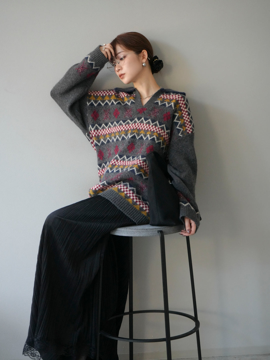 [予約]ノルディック柄ポロニットプルオーバー/チャコール