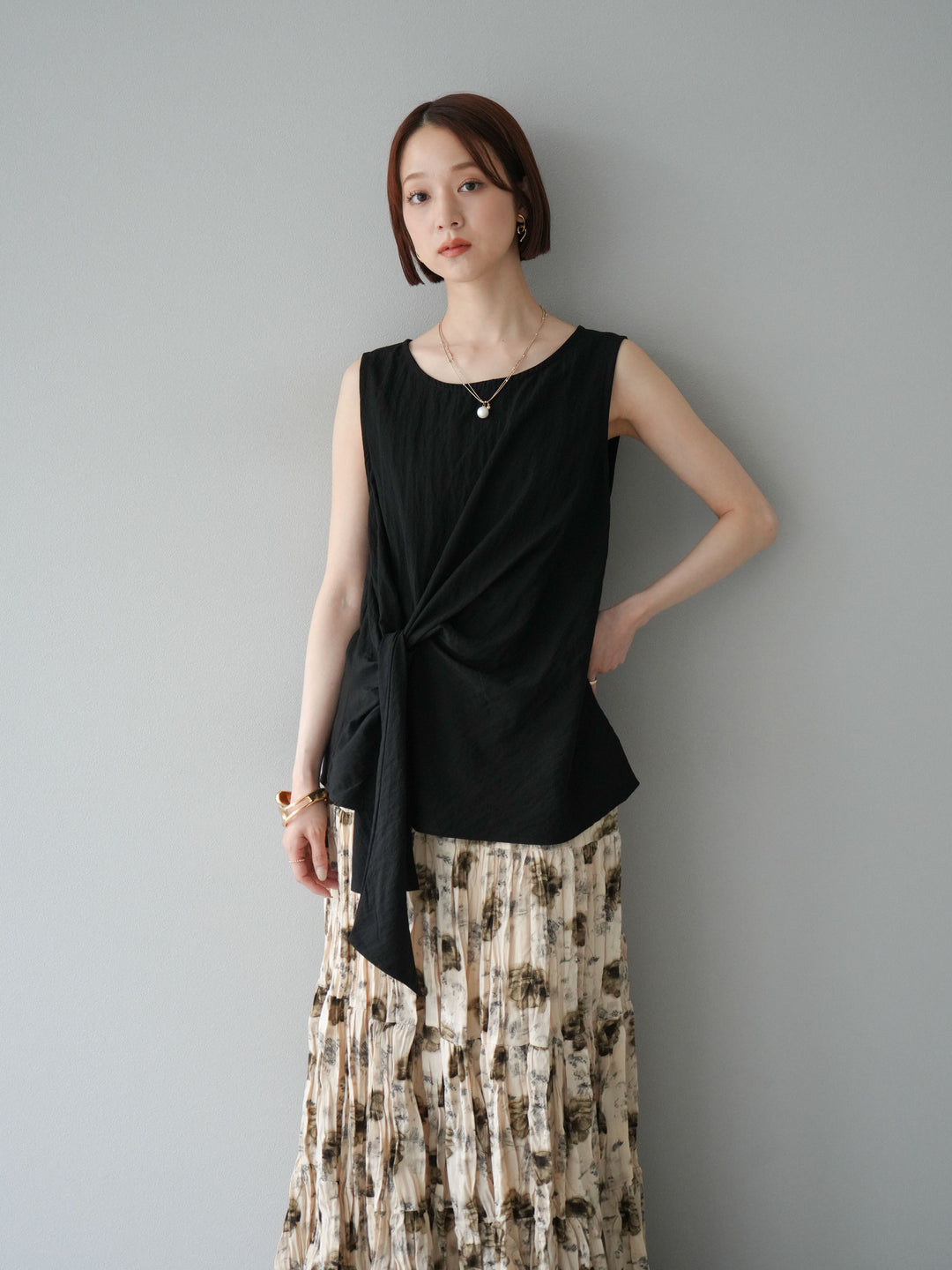 [SET]フロント巻きノースリーブブラウス+フラワーワッシャーロングスカート(2set)