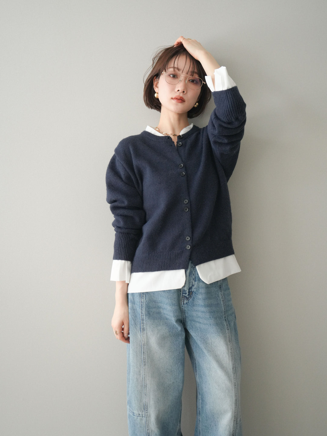 [SET]布帛ドッキングニットカーディガン+ガーメントウォッシュカーブデニムパンツ(2set)