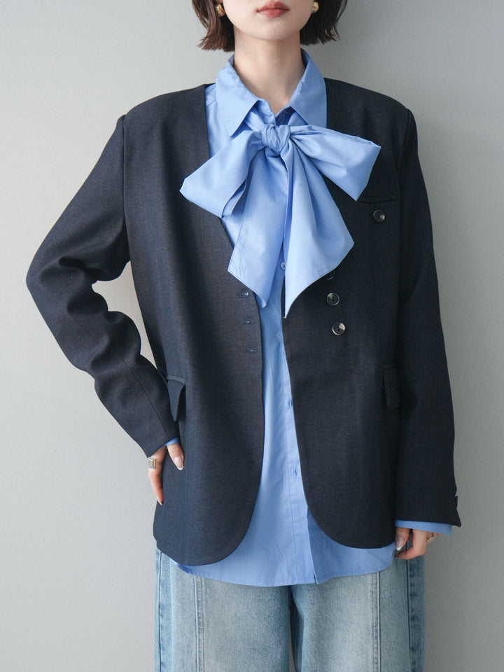 [SET]ノーカラージャケット+ボウタイ付オーバーシャツ+ガーメントウォッシュカーブデニムパンツ(3set)