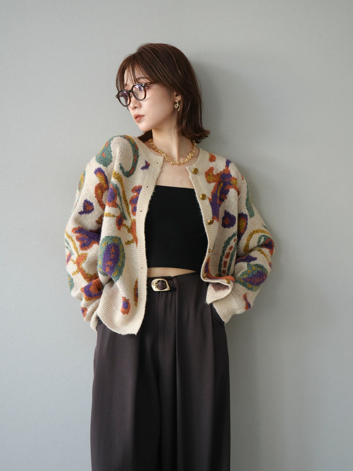 [SET]ミックスヤーンペイズリー柄ニットカーディガン+ベルトループデザインワイドパンツ(2set)