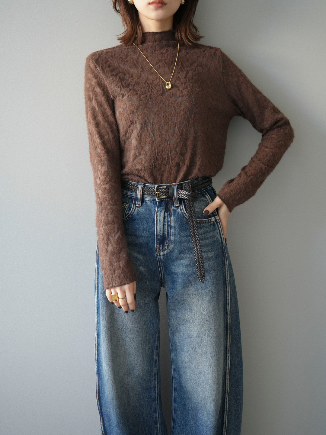 [予約]起毛レースプチネックトップス/brown