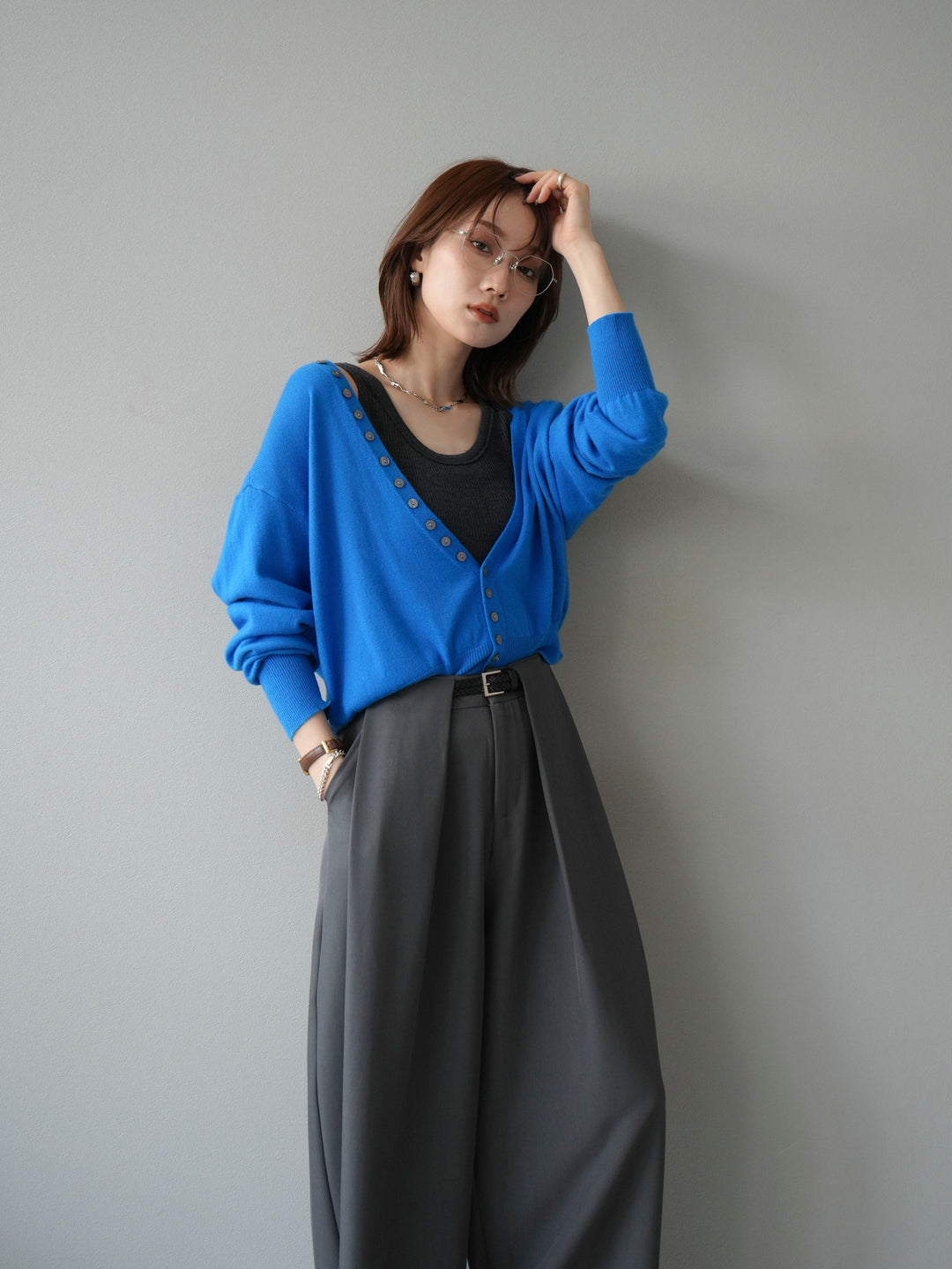 [予約]デザインボタンニットカーディガン＆タンクトップSET/ブルー