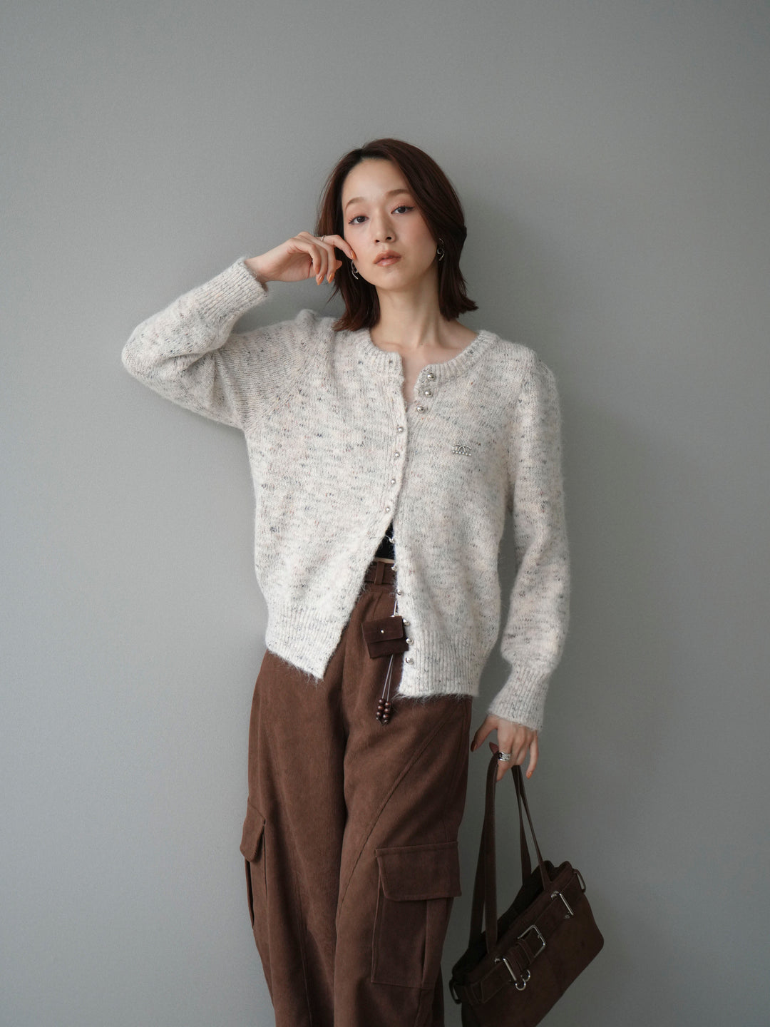 [予約]ブローチ付silverボタンミックスニットカーディガン/beige