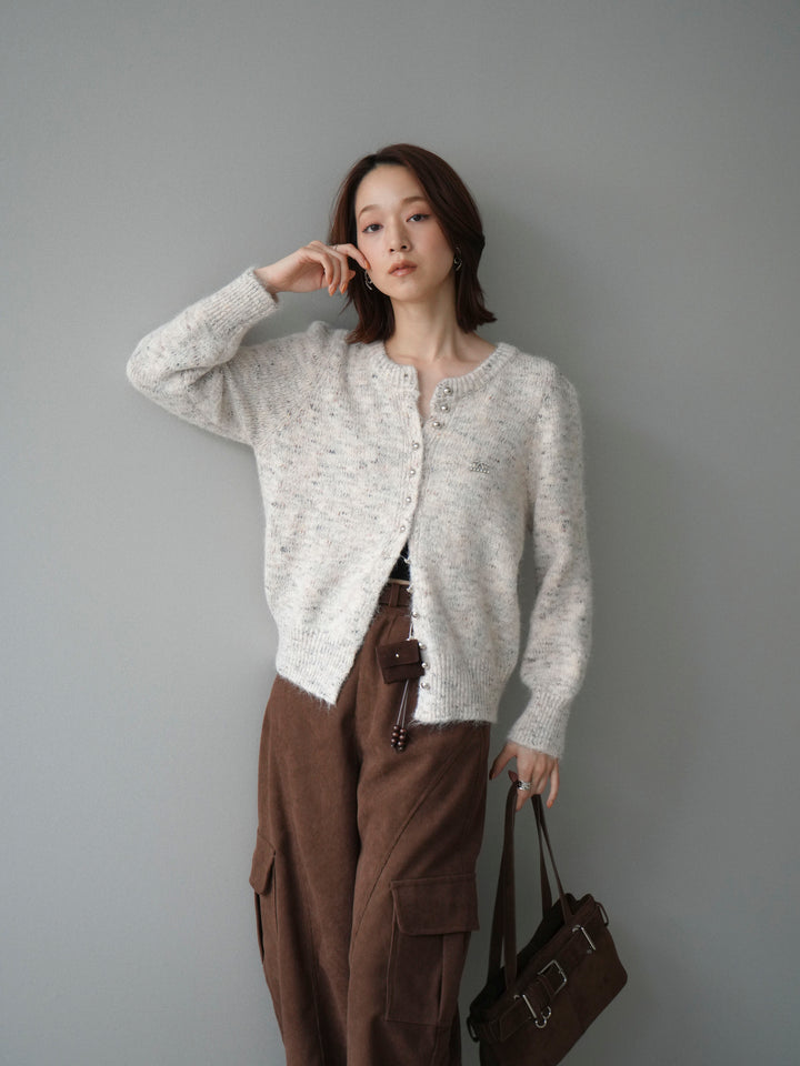 [予約]ブローチ付silverボタンミックスニットカーディガン/beige