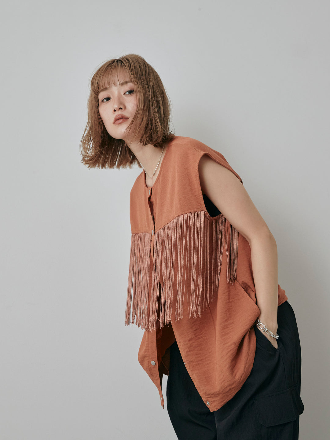 【預購】流蘇無袖上衣/摩卡色