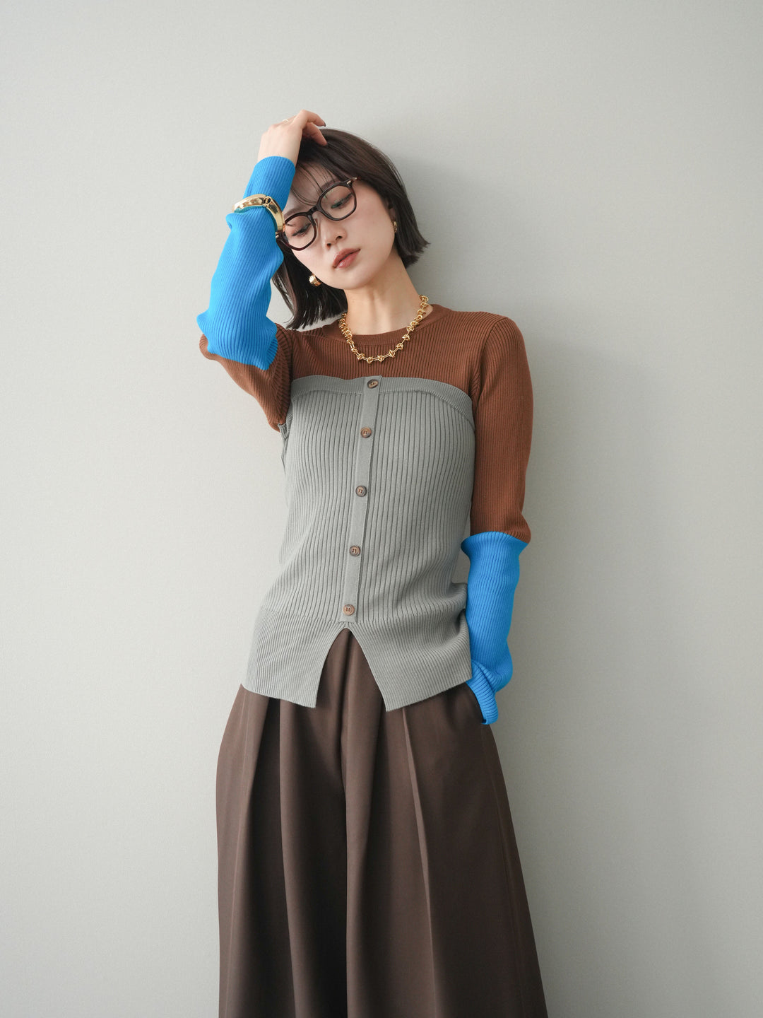 [SET]配色ビスチェドッキングリブニットトップス+選べるアクセセット(2set)