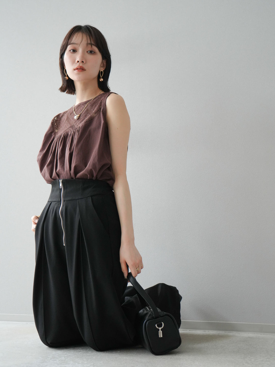 [予約]インド製コットンレース切替ノースリブラウス/ブラウン