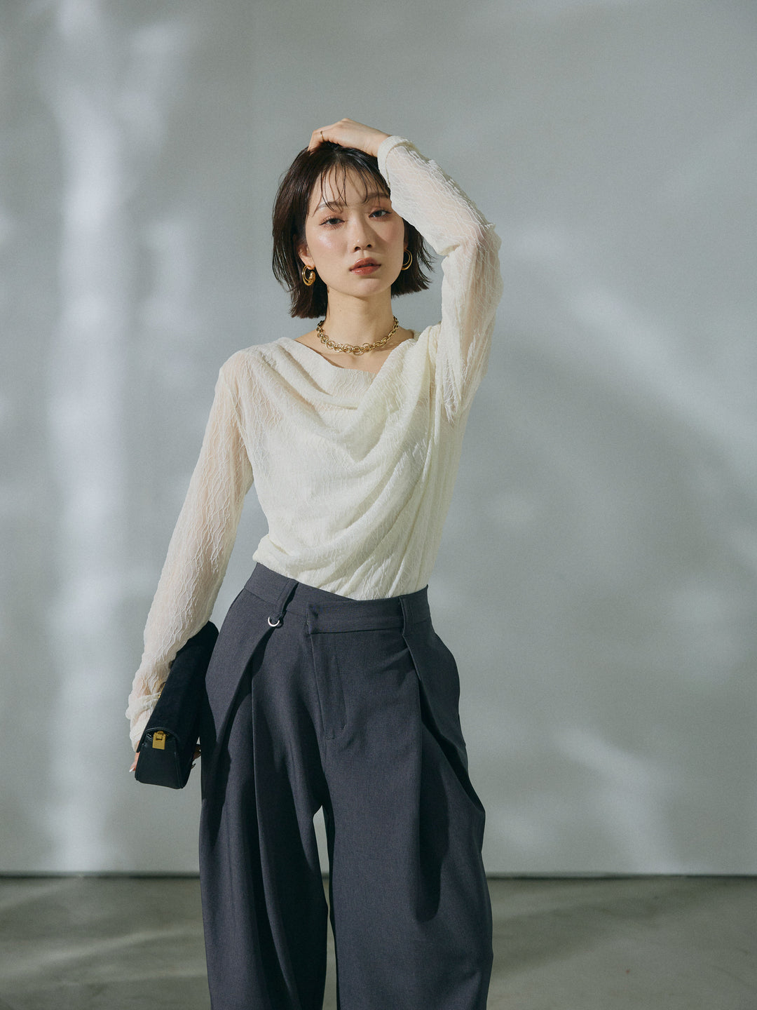 [予約]ストレッチレースドレープトップス/offwhite