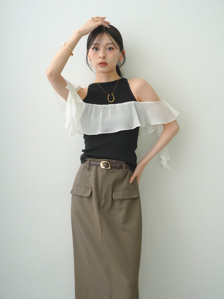 [SET]シフォンフリルドッキングノースリニットトップス+クレープデシンフラップ付きストレートスカート(2set)