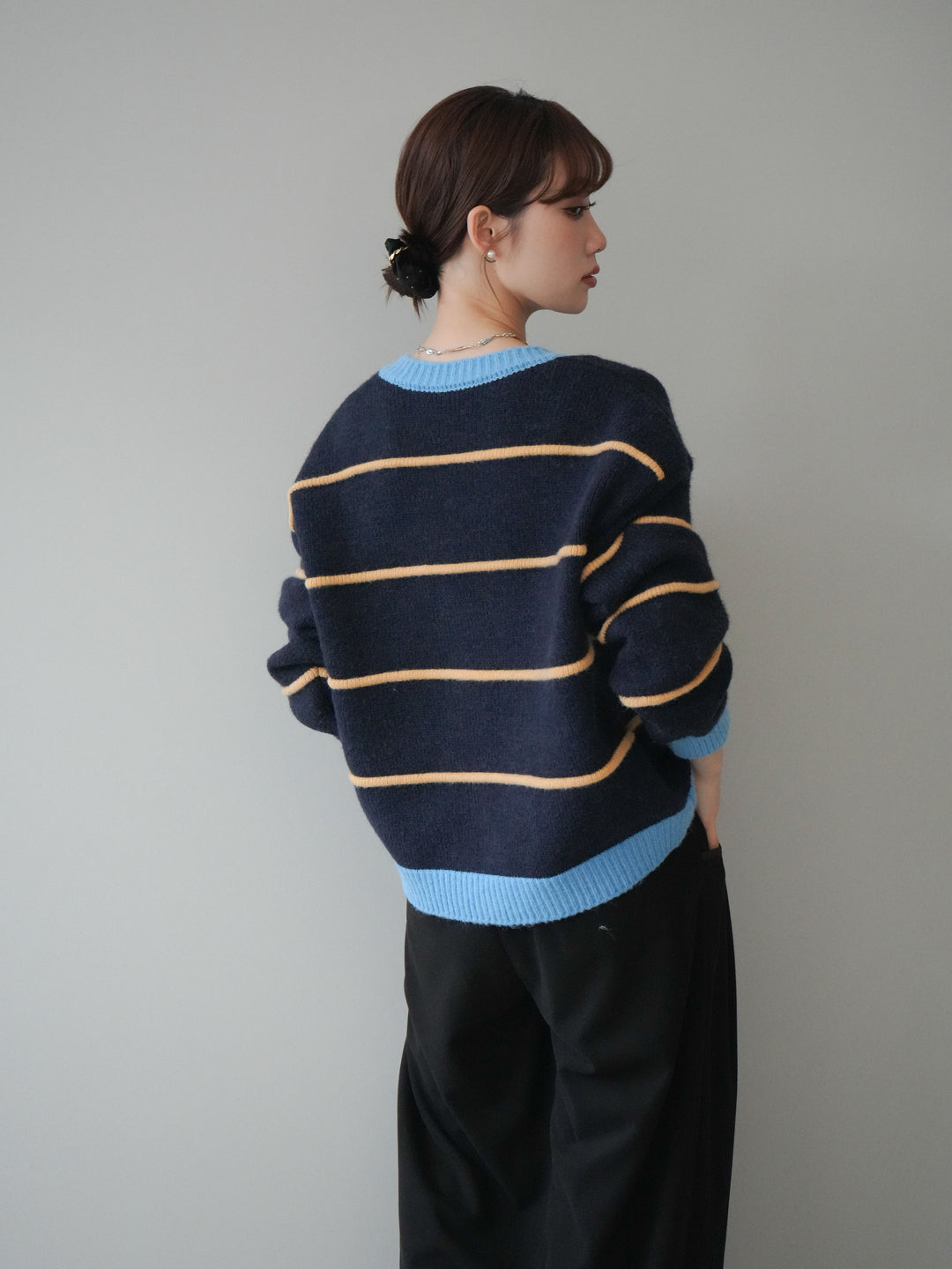 [予約]配色ボーダーニットカーディガン/navy