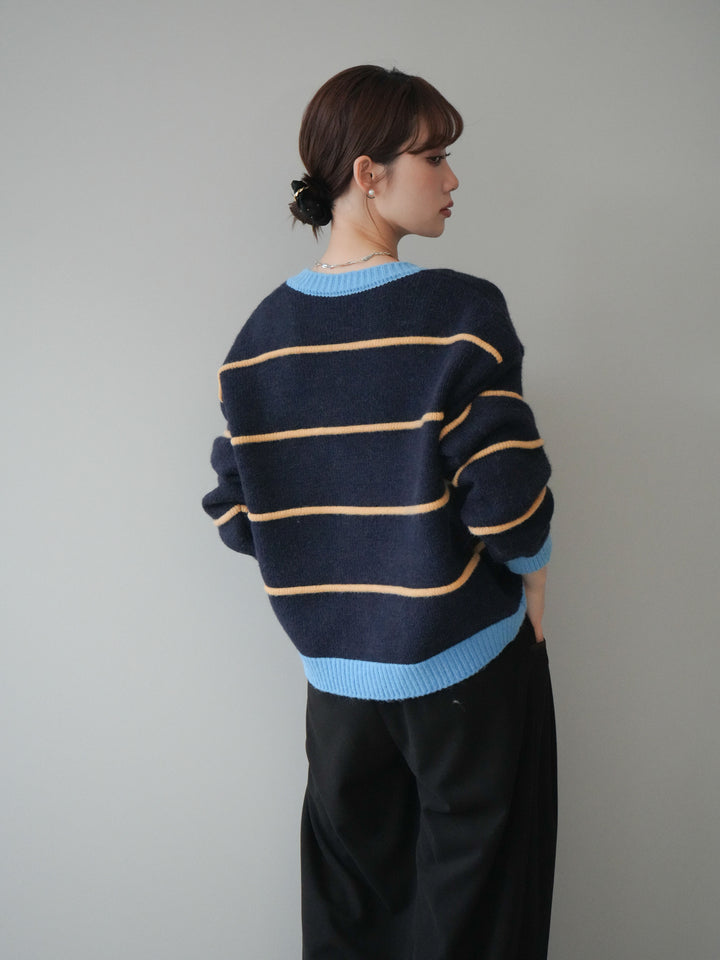 [予約]配色ボーダーニットカーディガン/navy