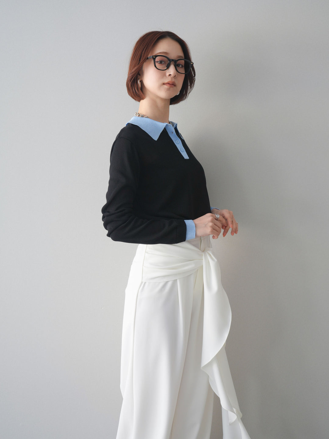 [SET]配色デザインシアーポロニット+ラッフルベルトワイドパンツ(2set)