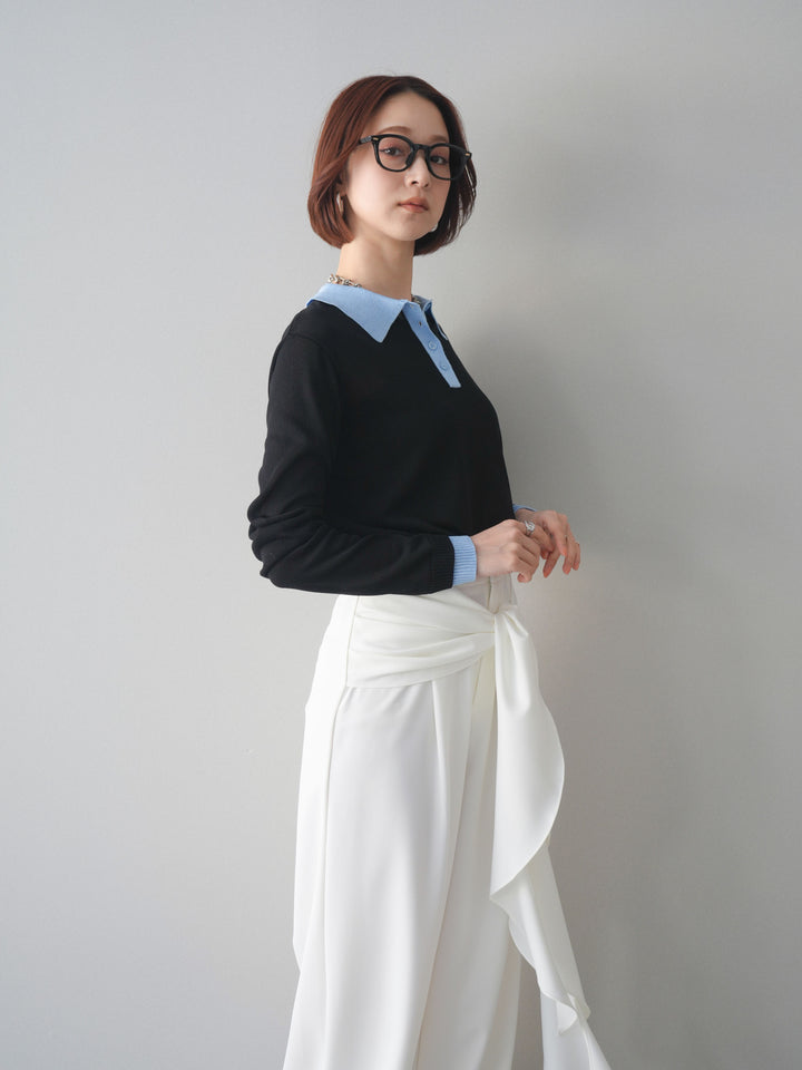 [SET]配色デザインシアーポロニット+ラッフルベルトワイドパンツ(2set)