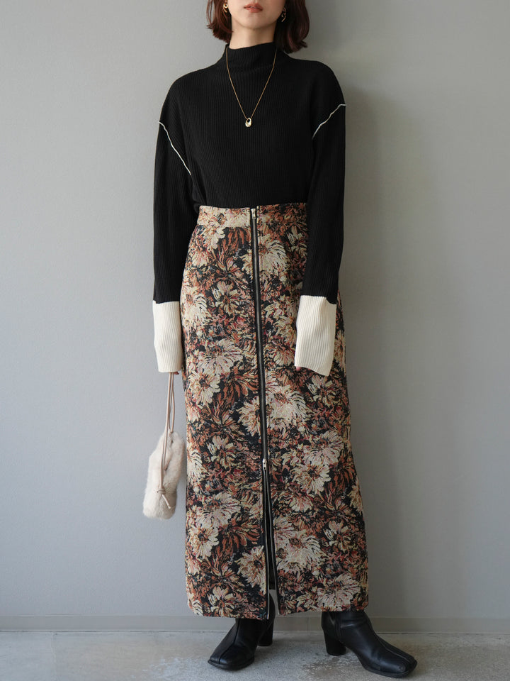 [予約]ボトルネック配色リブニットプルオーバー/ブラック×エクリュ