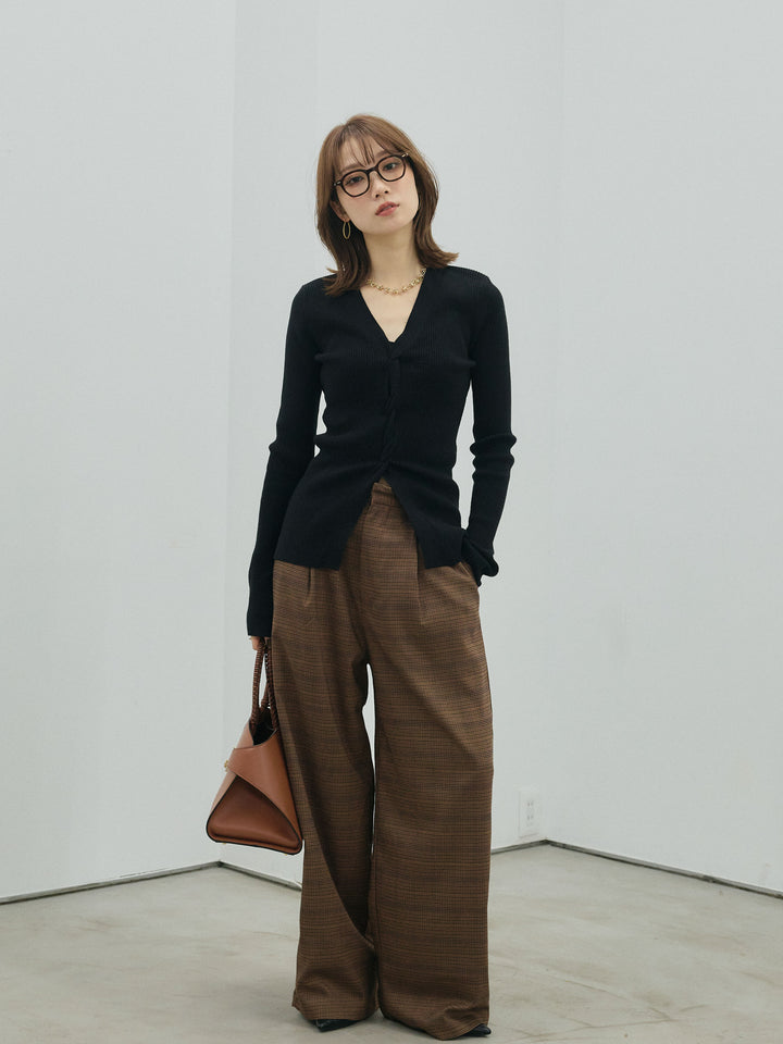 【Allure】[SET]フロントツイストリブニットトップス+チェック柄タックワイドパンツ(2set)