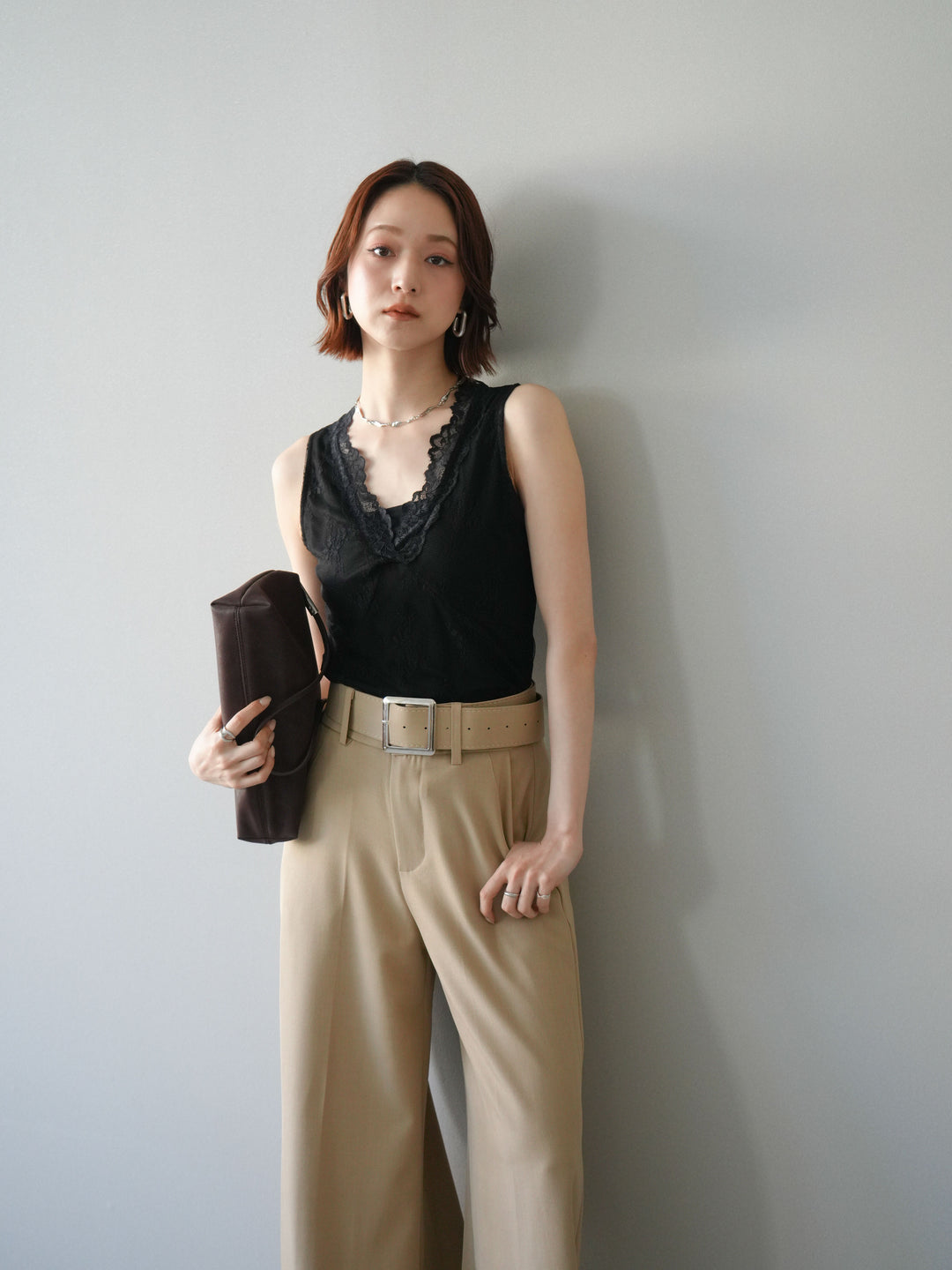 [予約]シアーストレッチレースノースリーブトップス/black