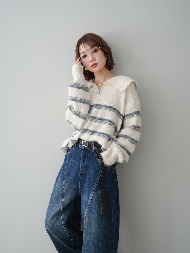 [SET]ハーフジップボーダーニットプルオーバー+裏起毛加工デニムカーブパンツ(2set)