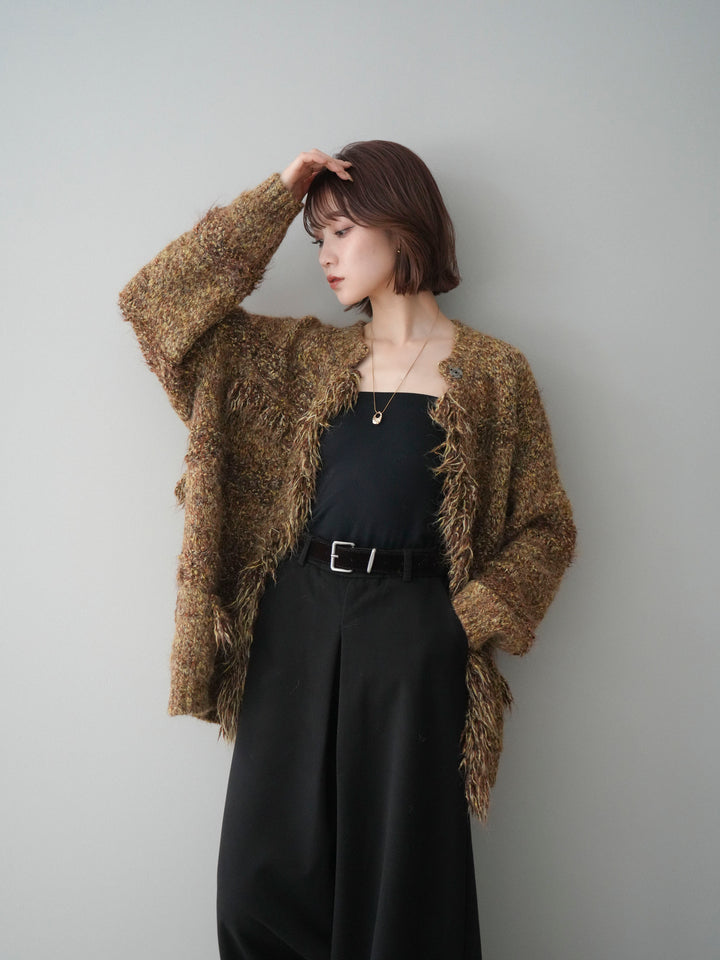 [SET]ミックスヤーンフリンジデザインニットジャケット+ベルト付きフロントタックワイドパンツ(2set)