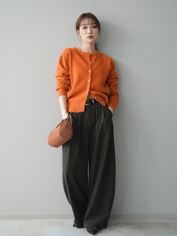 [SET]アンティークボタンニットカーディガン+アニマル柄ベルト付きウールタッチワイドパンツ(2set)