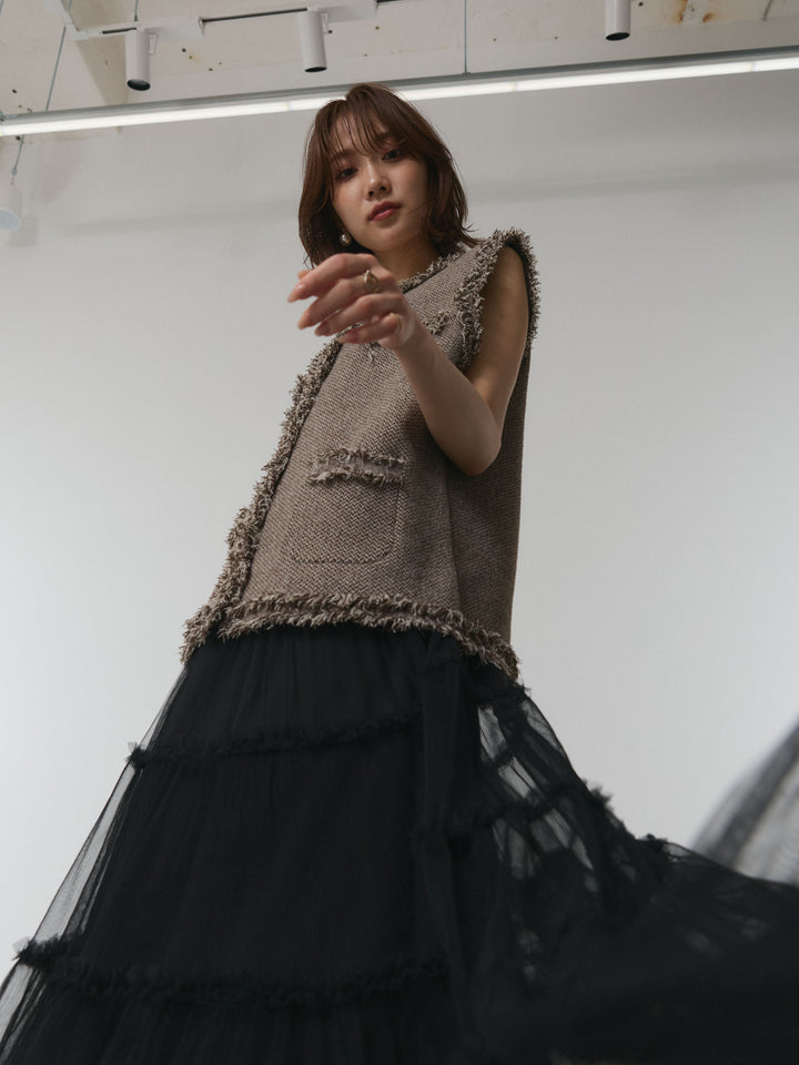 【Allure】[SET]アンティークボタンツイードフリンジニットベスト+チュールティアードフレアスカート(2set)