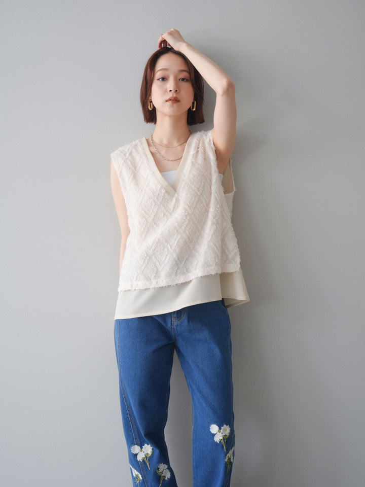 [SET]フリンジレイヤードVネックノースリーブ+フラワー刺繍ストレートデニム(2set)