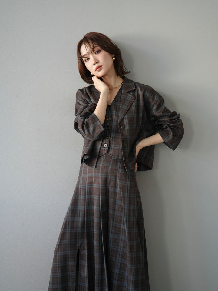 [SET]チェック柄ショートジャケット+チェック柄ベスト+チェック柄タックフレアスカート(3set)