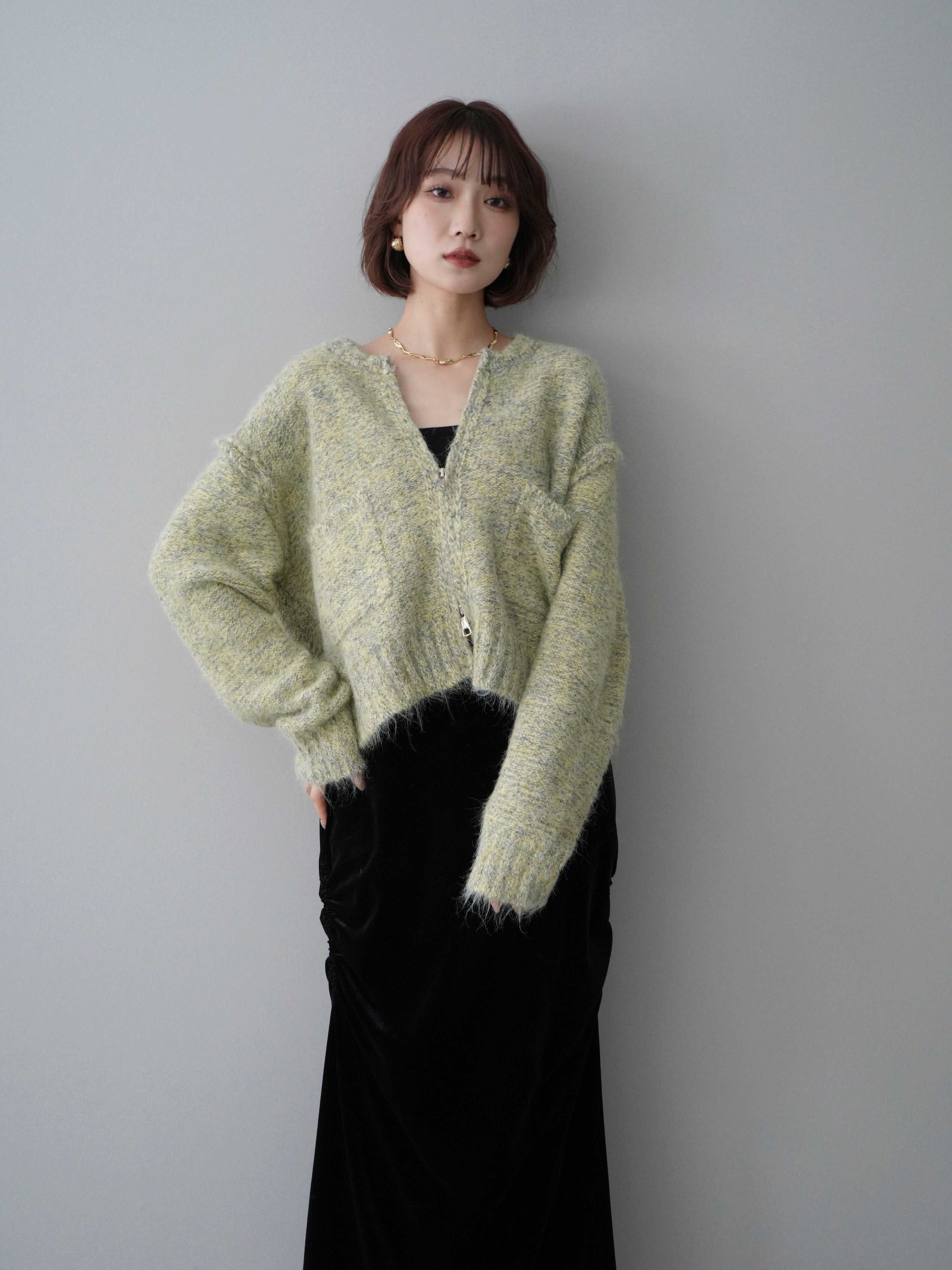 予約]ミックスヤーンダブルZIPニットカーディガン/greenyellow – Lumier