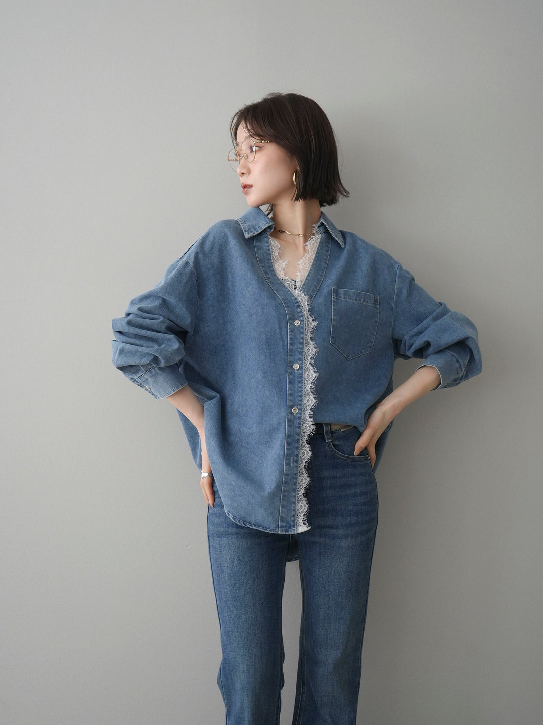 [SET]レースレイヤードデニム開襟シャツ+選べるアクセセット(2set)