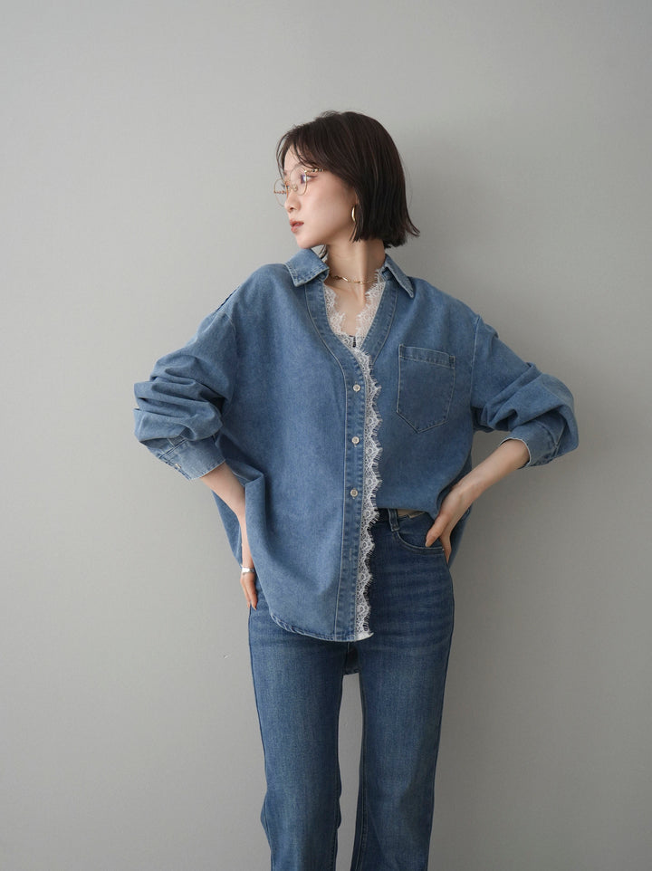 [SET]レースレイヤードデニム開襟シャツ+選べるアクセセット(2set)