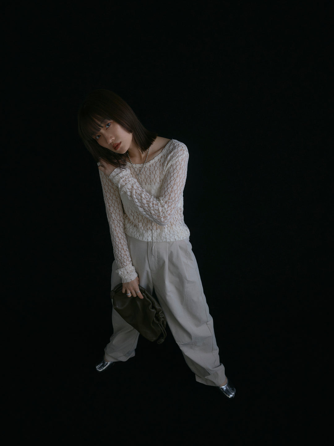 【Allure】[SET]バックラウンドレーストップス+タフタワイドカーブパンツ(2set)