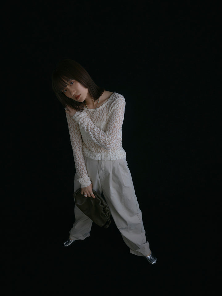 【Allure】[SET]バックラウンドレーストップス+タフタワイドカーブパンツ(2set)