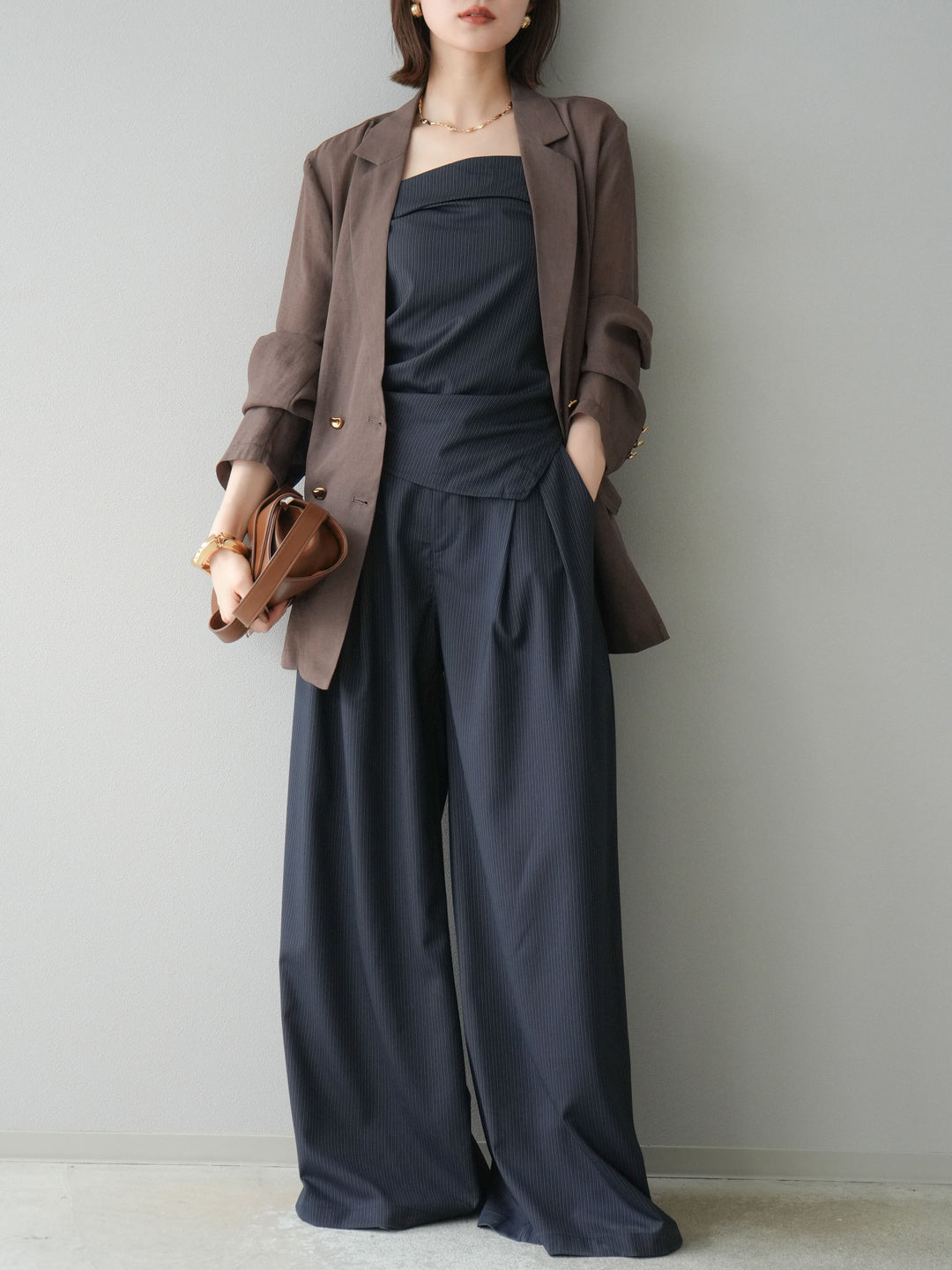 [預購] 金色紐扣透視夾克/棕色