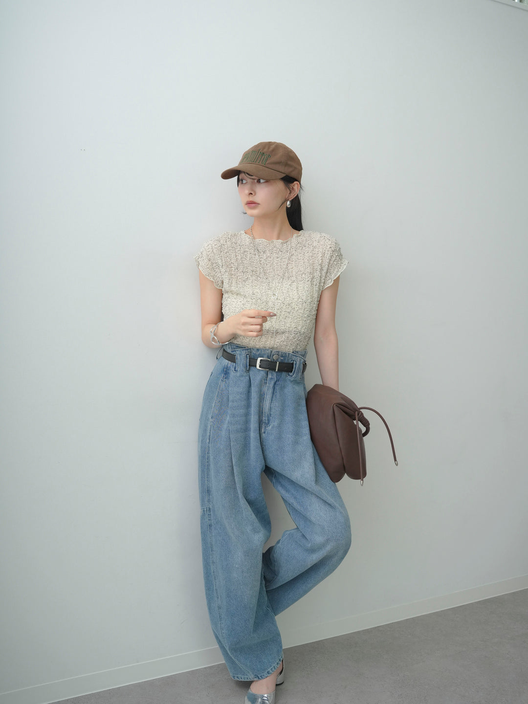 [SET]テクスチャープリントワッシャーフレンチトップス+ハイウエストベルトループデザインデニムパンツ(2set)