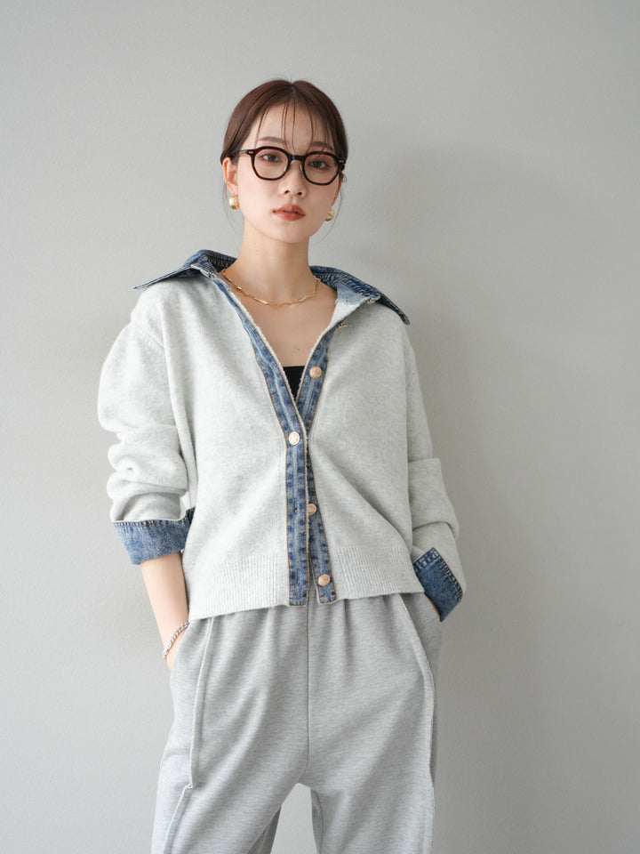 [SET]デニム襟ボタンニットカーディガン+2WAYデザインスウェットパンツ(2set)