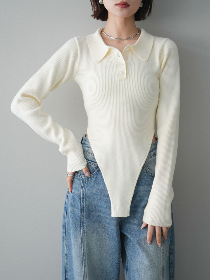 [予約]リブポロニットボディスーツ/ivory