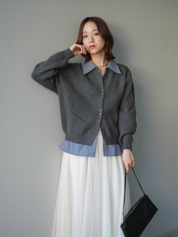 [SET]チェックシャツ襟ニットカーディガン+チュールボリュームスカート(2set)