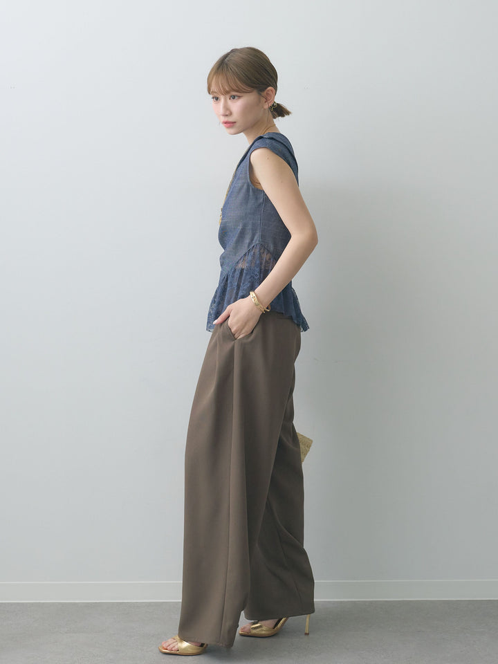 [SET]アシンメトリーラッフルレースヘムトップス+クレープデシンタックワイドパンツ(2set)