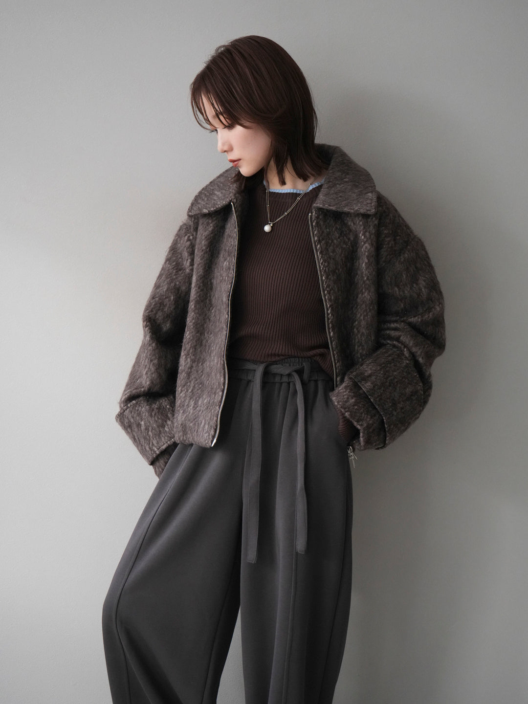 [予約]袖ビックループシャギージップブルゾン/brown