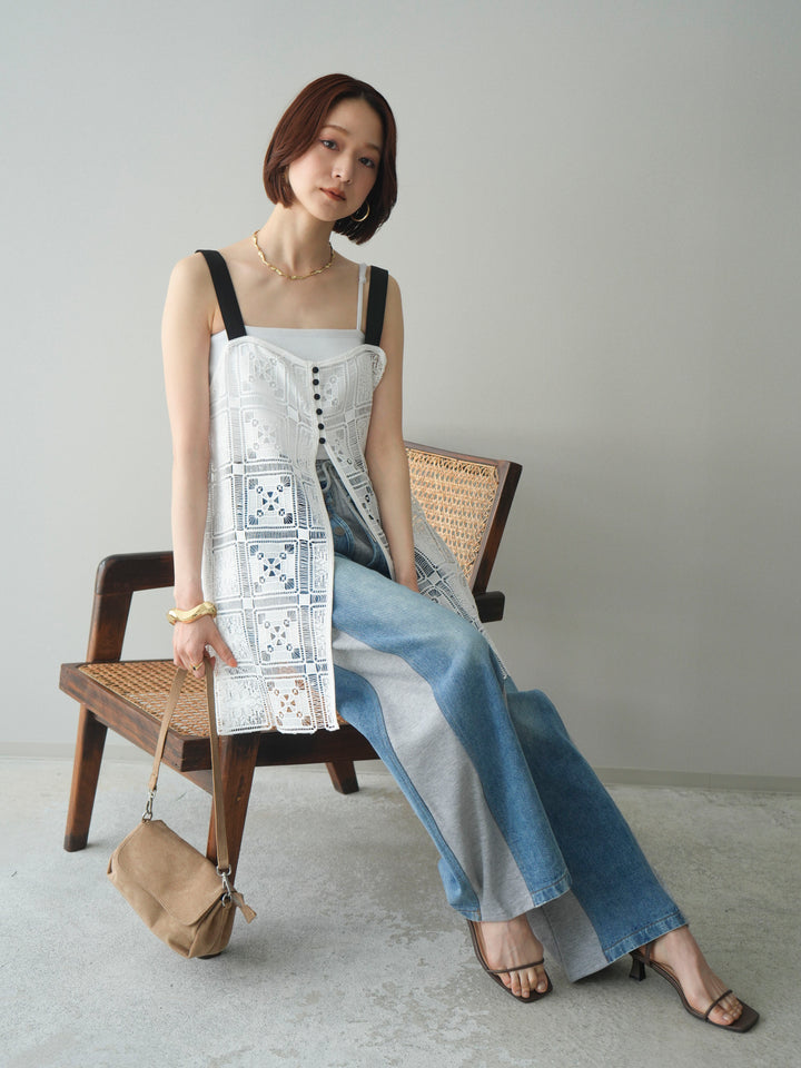 [SET]配色パネルレースキャミソール+デニム切替スウェットパンツ(2set)