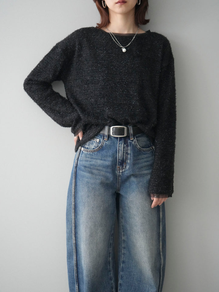 [SET]ラメシャギートップス+サイド切替カーブデニムパンツ(2set)