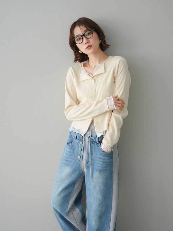 [SET]レースドッキングテレコリブカーディガン+デニム切替スウェットパンツ(2set)